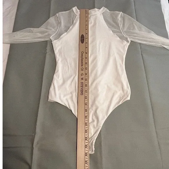 White Bodysuit Sheer Mesh Long Sleeve Mock Neck Top Womens size small - Picture 11 of 12